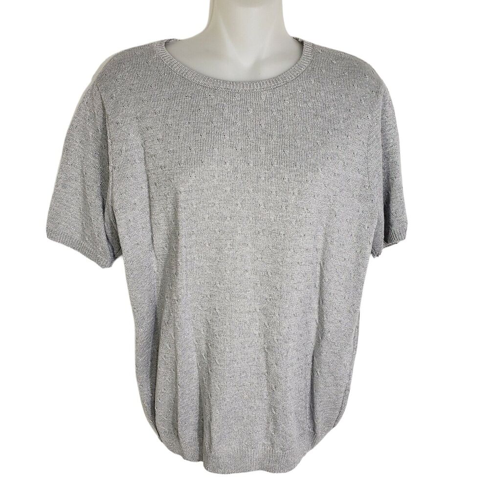 Alfred Dunner Womans Sweater Small Silver Gray Short Sleeve Textured Metallic